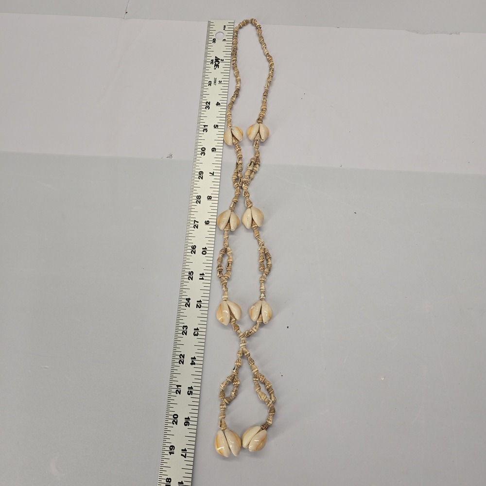 Vintage Natural Cowrie Shell Long Lariat Necklace Boho Coastal Cream Tan - Picture 4 of 6